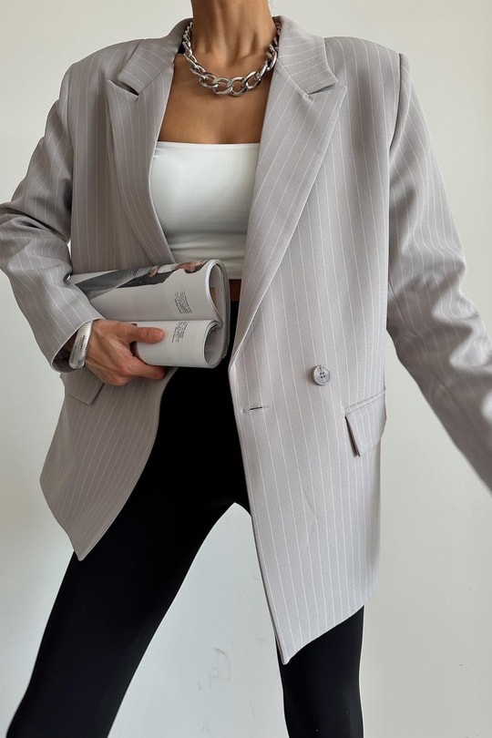 Kruvaze Çizgili Oversize Ceket Gri