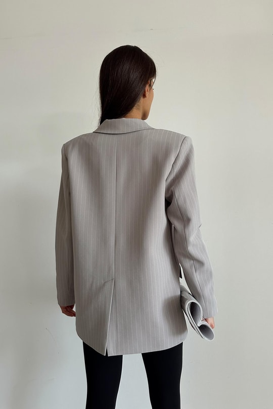Kruvaze Çizgili Oversize Ceket Gri