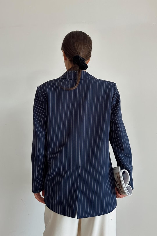 Kruvaze Çizgili Oversize Ceket Lacivert