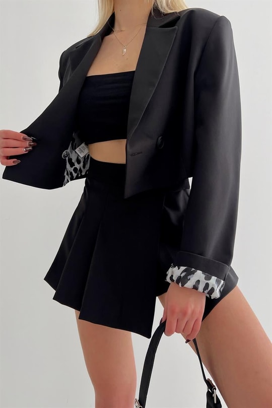 Kruvaze Crop Ceket Siyah