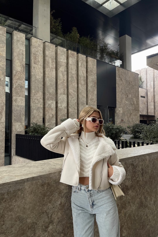 Kürklü Süet Crop Ceket Krem