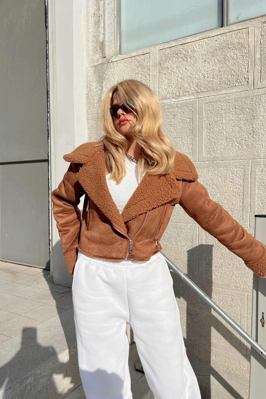 Kürklü Süet Crop Ceket Taba