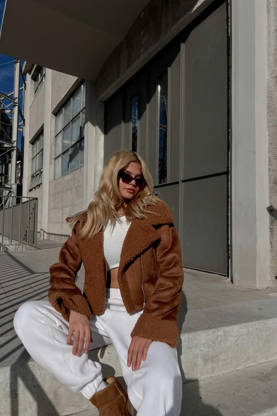 Kürklü Süet Crop Ceket Taba
