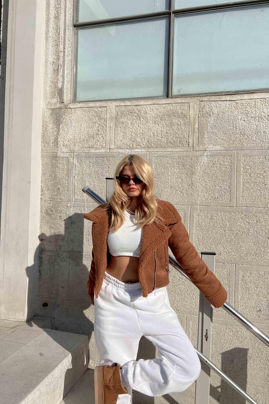 Kürklü Süet Crop Ceket Taba