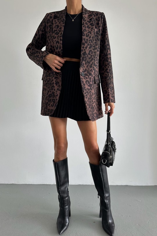 Leopar Desen Blazer Ceket Kahve