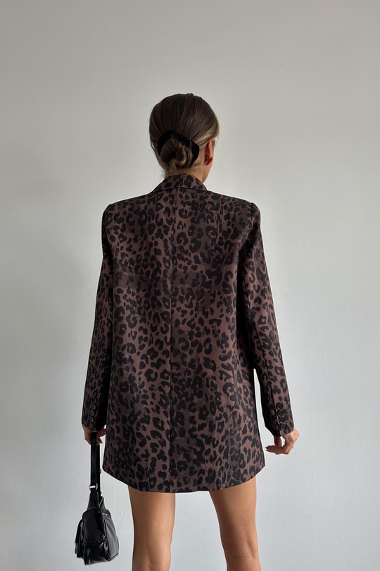 Leopar Desen Blazer Ceket Kahve