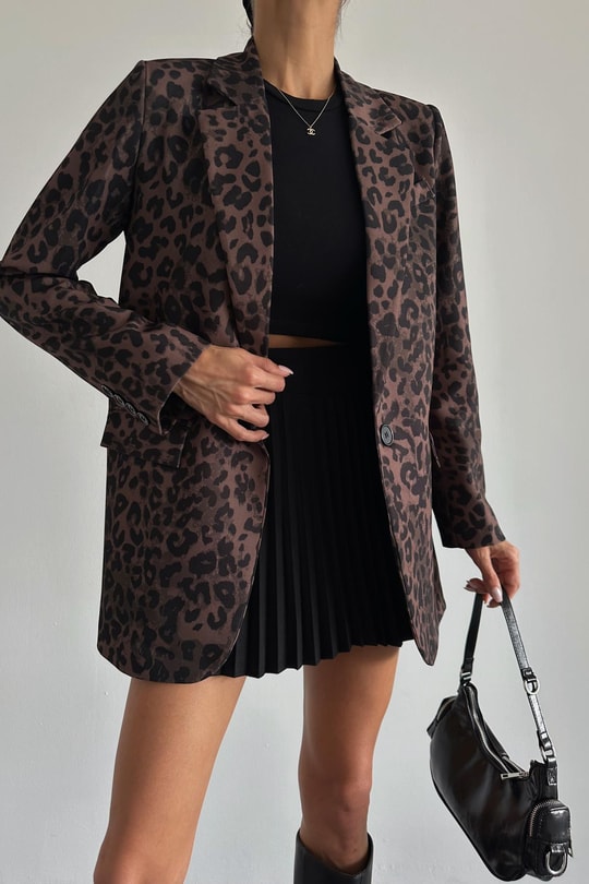 Leopar Desen Blazer Ceket Kahve