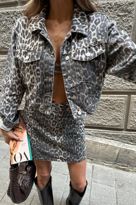 Leopar Desen Kısa Ceket Kahve