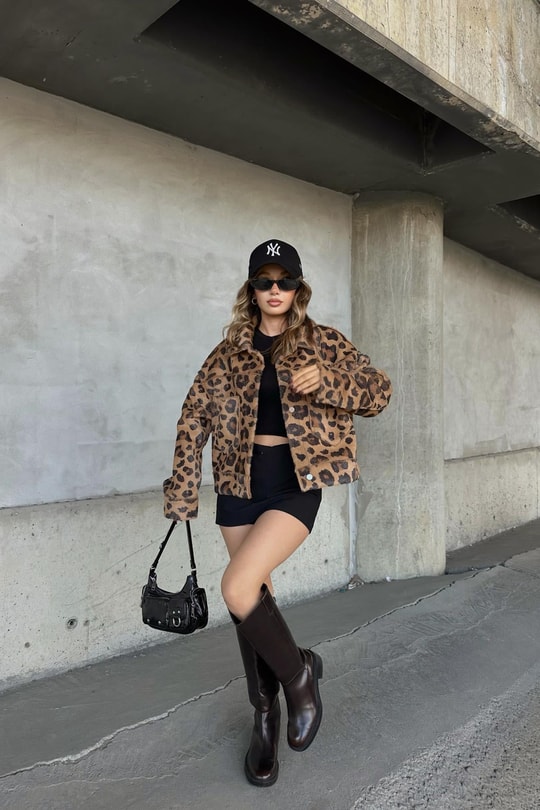 Leopar Tüylü Crop Ceket Camel