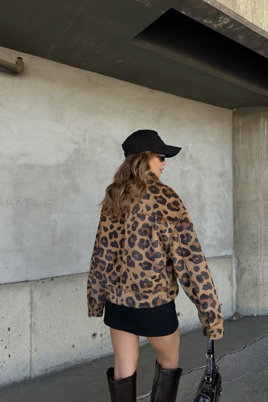 Leopar Tüylü Crop Ceket Camel