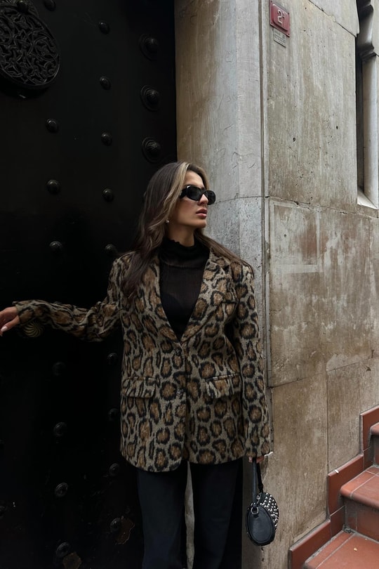 Luxury Leopar Desen Ceket Kahve