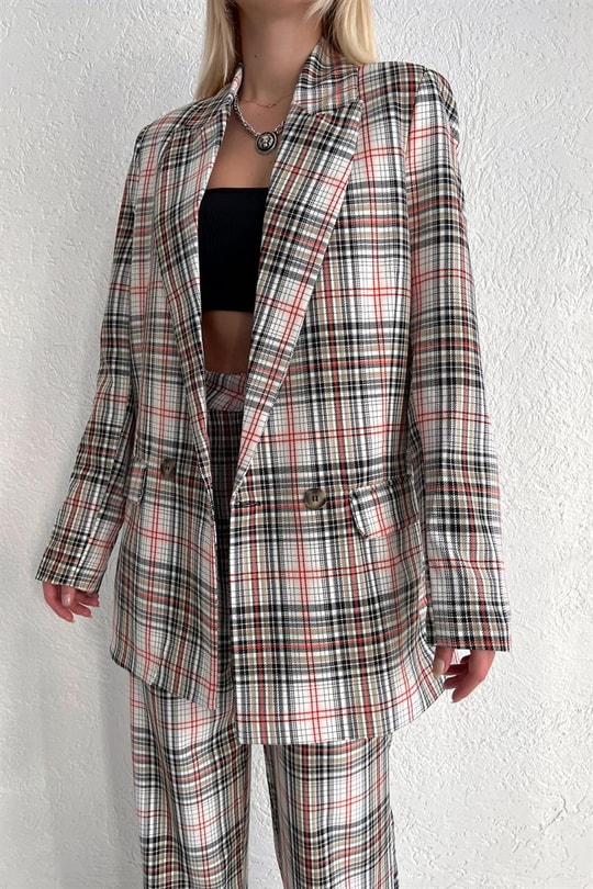 Mini Kare Desenli Blazer Ceket Kırmızı