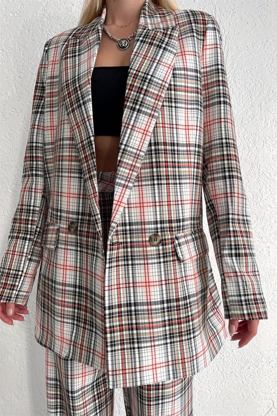 Mini Kare Desenli Blazer Ceket Kırmızı