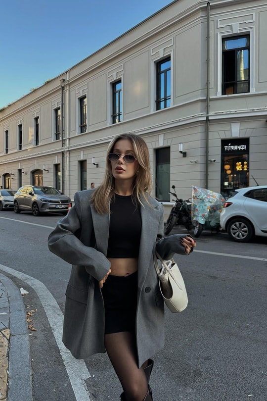 Orj Marka Çift Düğme Blazer Gri