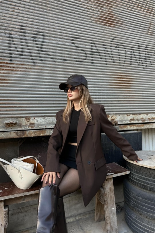 Orj Marka Çift Düğme Blazer Kahve