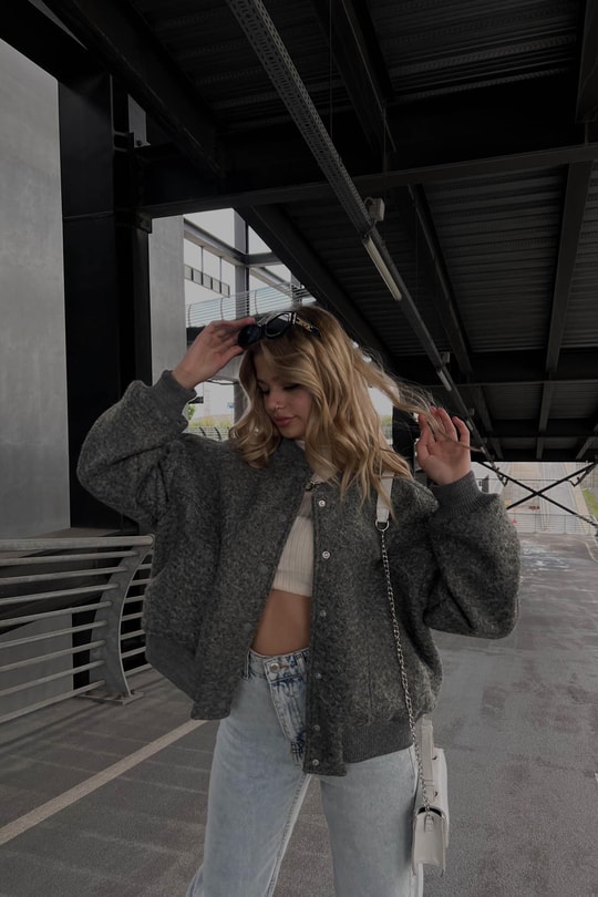 Oversize Crop Buklet ceket Gri