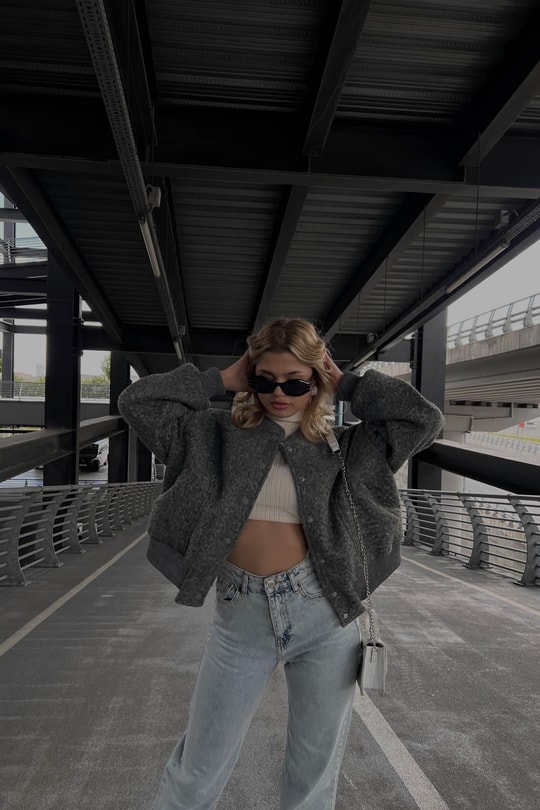 Oversize Crop Buklet ceket Gri
