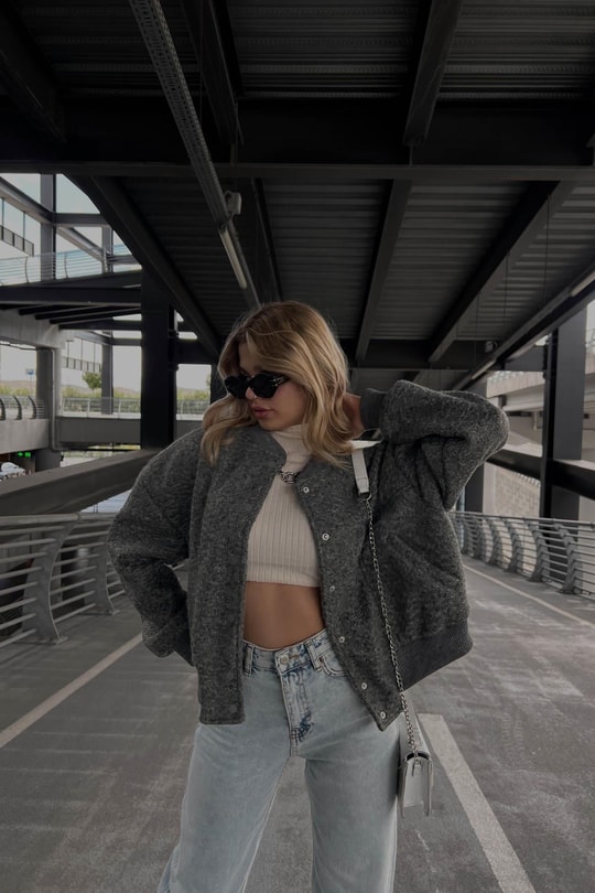 Oversize Crop Buklet ceket Gri