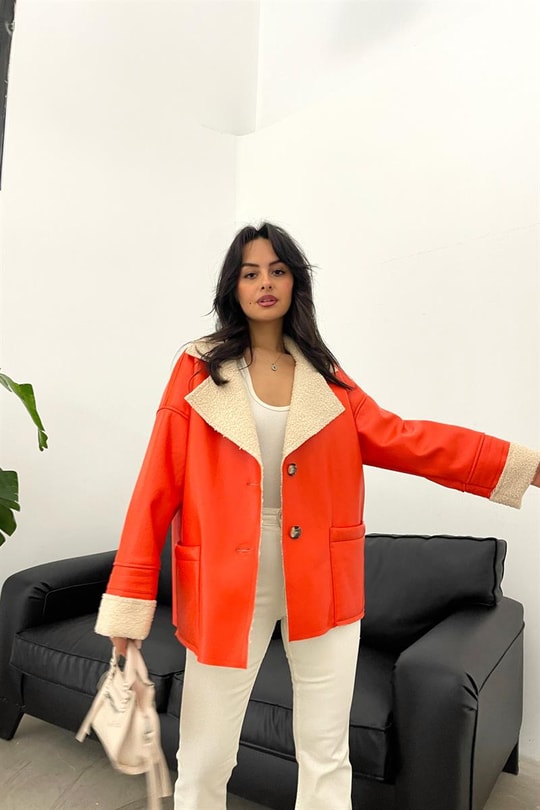 Oversize Kürk Yaka Premium Ceket Oranj