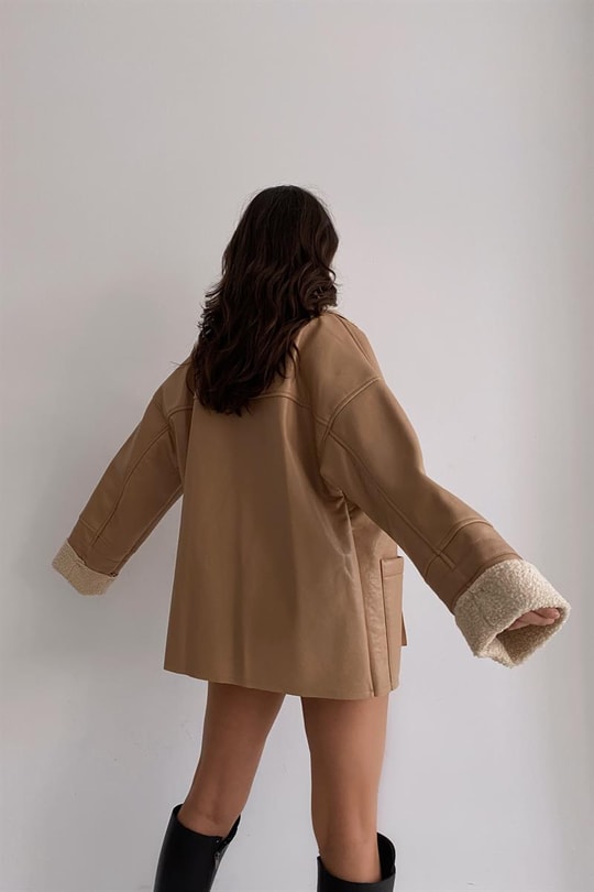 Oversize Kürk Yaka Premium Ceket Vizon