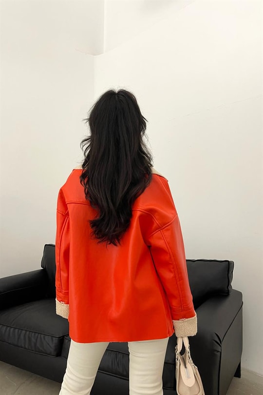 Oversize Kürk Yaka Premium Ceket Oranj