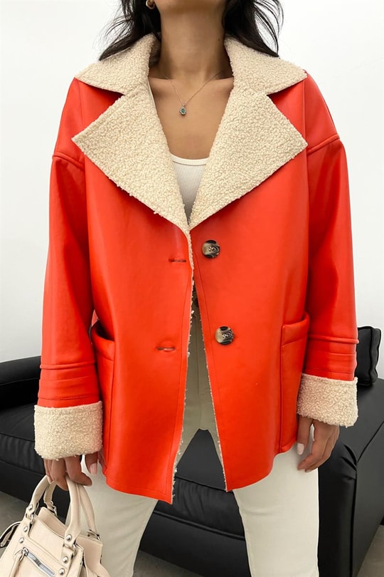 Oversize Kürk Yaka Premium Ceket Oranj
