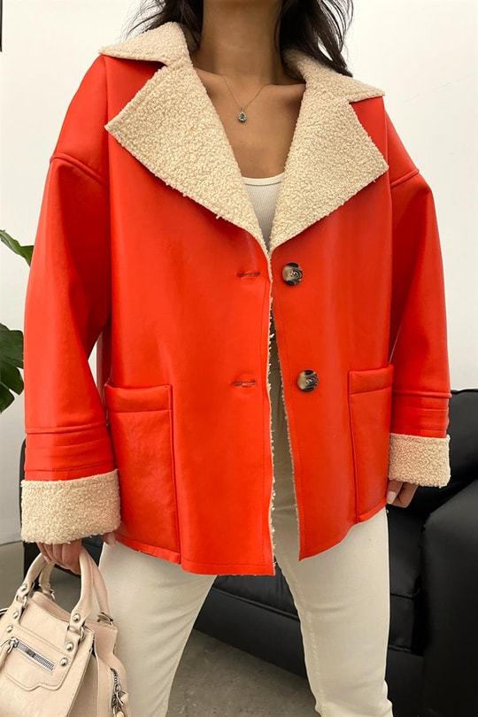 Oversize Kürk Yaka Premium Ceket Oranj