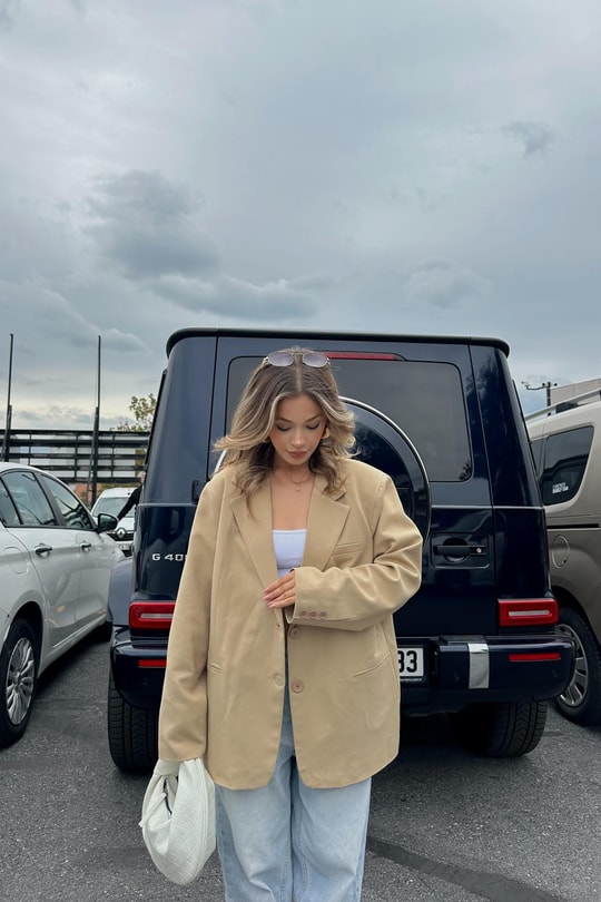 Oversize Süs Cep Blazer Ceket Camel