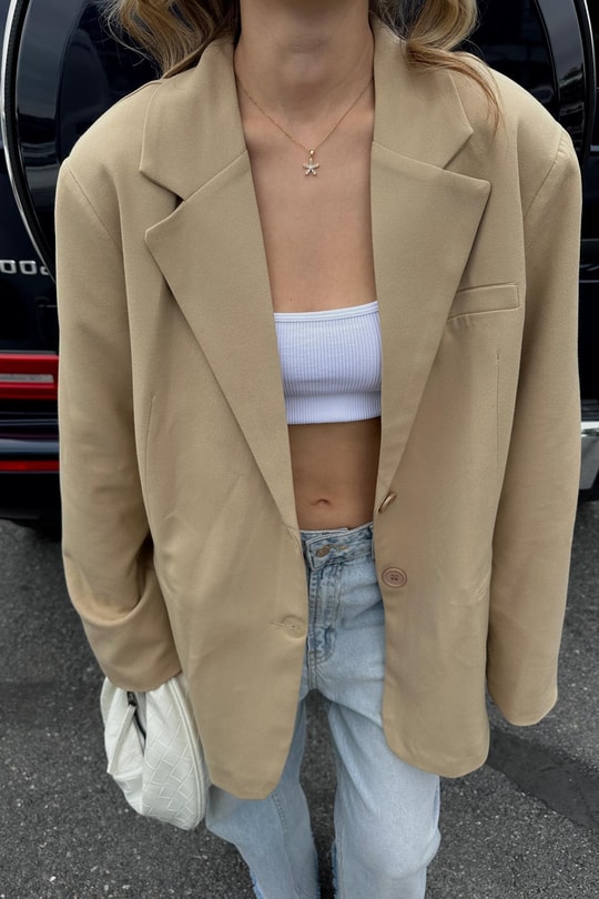 Oversize Süs Cep Blazer Ceket Camel