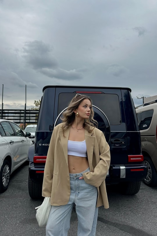 Oversize Süs Cep Blazer Ceket Camel