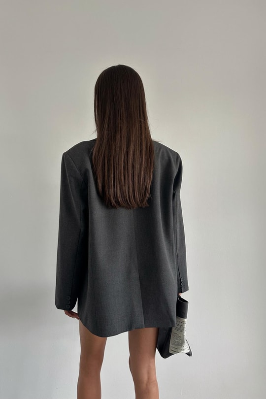 Oversize Süs Cep Blazer Ceket Gri