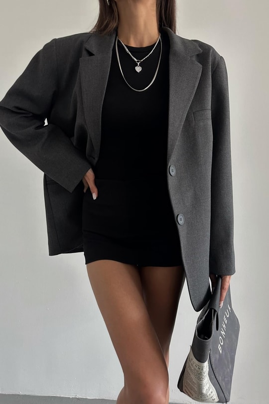 Oversize Süs Cep Blazer Ceket Gri
