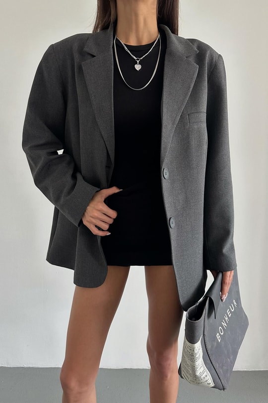 Oversize Süs Cep Blazer Ceket Gri
