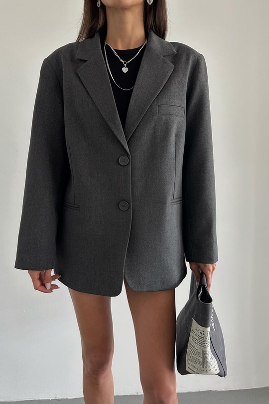 Oversize Süs Cep Blazer Ceket Gri
