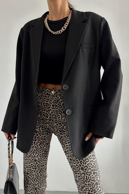 Oversize Süs Cep Blazer Ceket Siyah