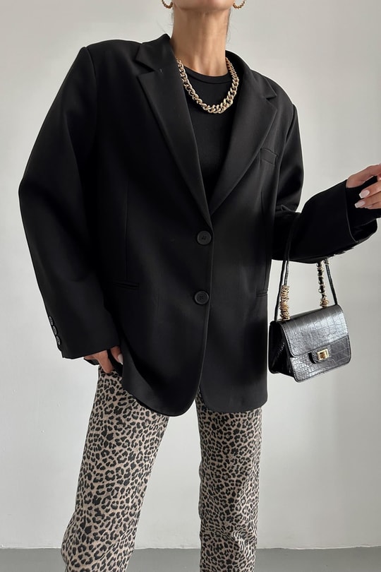 Oversize Süs Cep Blazer Ceket Siyah
