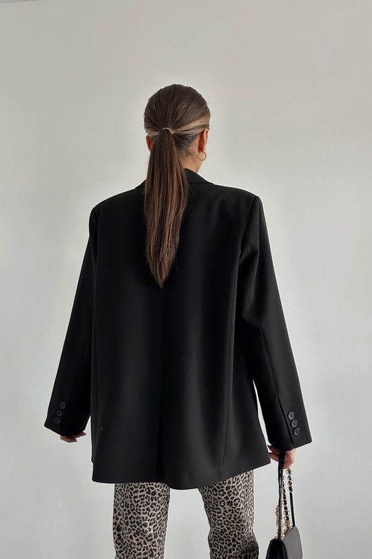 Oversize Süs Cep Blazer Ceket Siyah