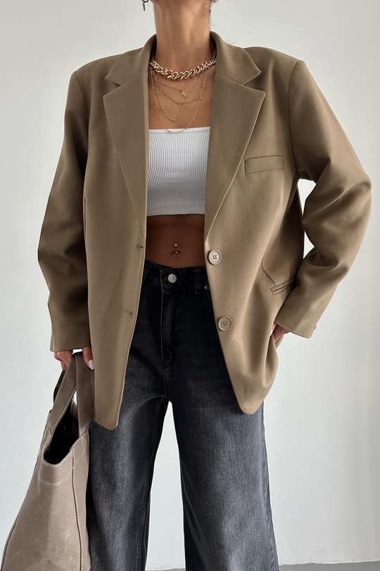 Oversize Süs Cep Blazer Ceket Vizon