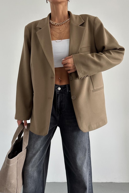 Oversize Süs Cep Blazer Ceket Vizon