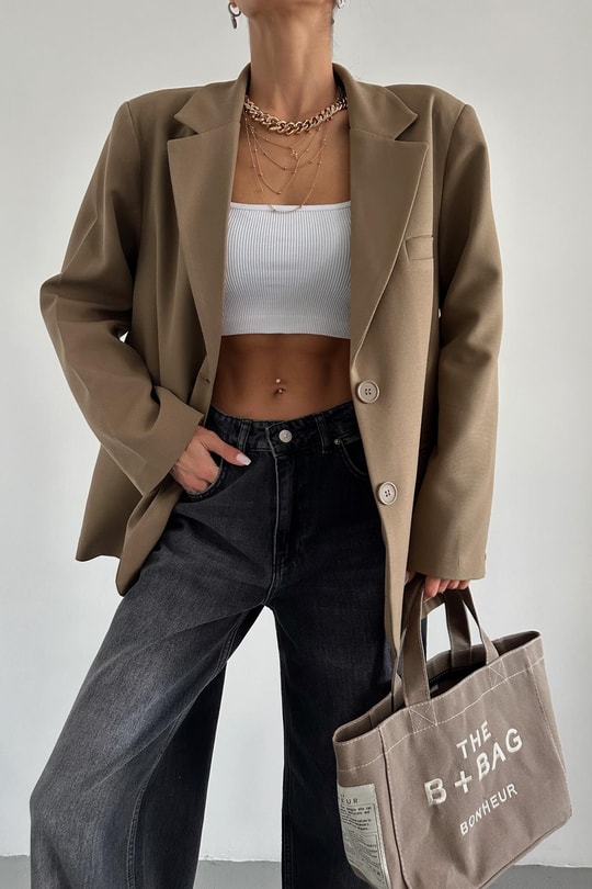 Oversize Süs Cep Blazer Ceket Vizon