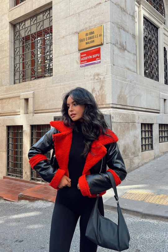 Premium Kürk Yaka Biker Deri Ceket Kırmızı