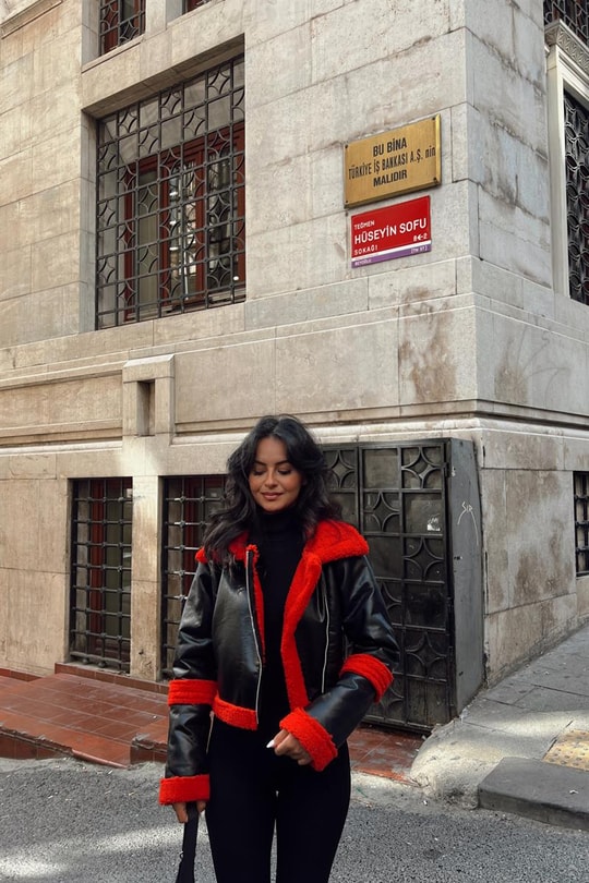 Premium Kürk Yaka Biker Deri Ceket Kırmızı