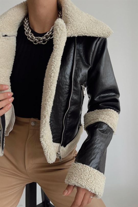 Premium Kürk Yaka Biker Deri Ceket Siyah