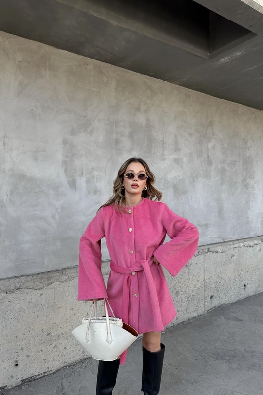 Premium Tüylü Kuşaklı Ceket Pembe