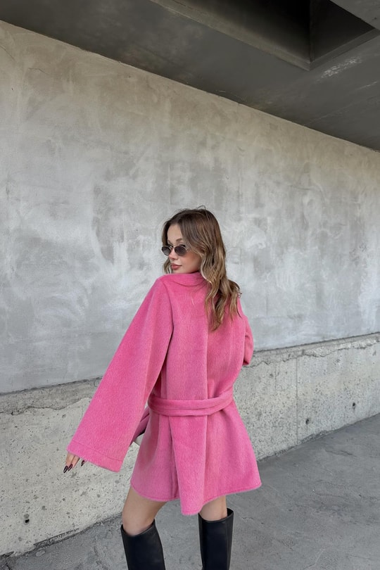 Premium Tüylü Kuşaklı Ceket Pembe