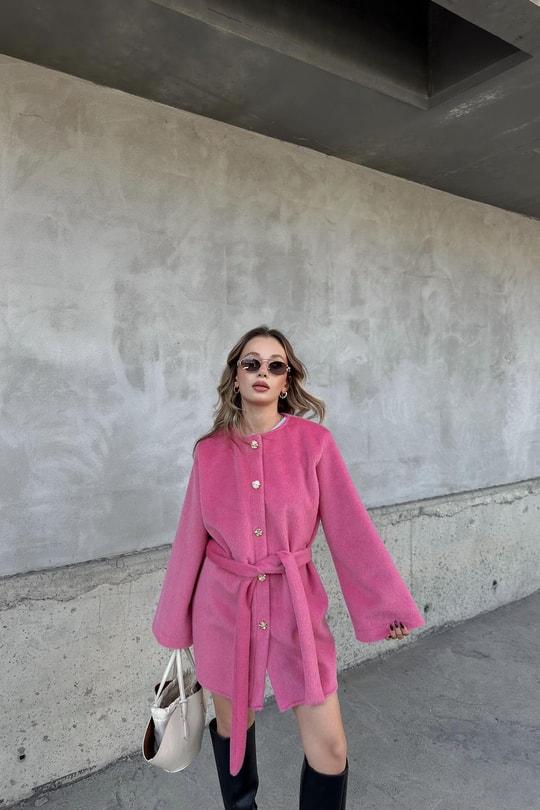 Premium Tüylü Kuşaklı Ceket Pembe