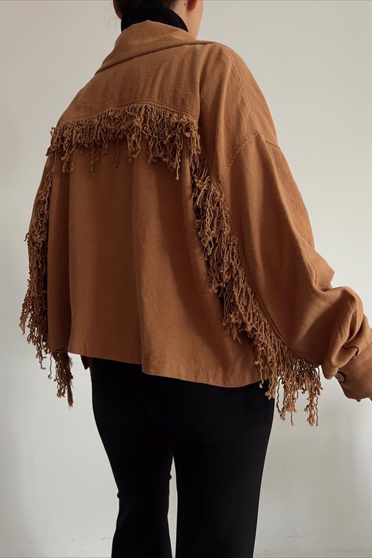 Püsküllü Keten Ceket Camel