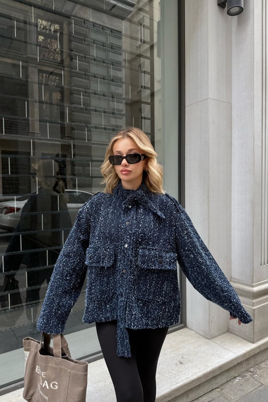Saçaklı Denim Ceket Lacivert