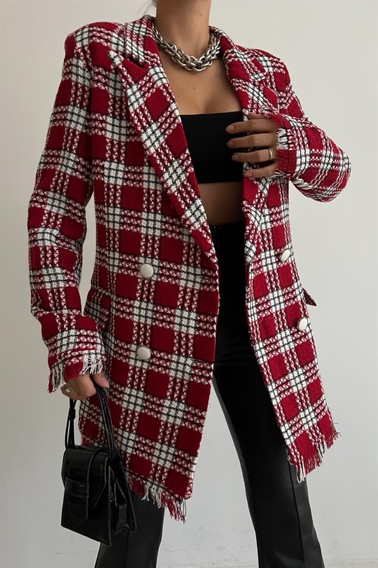 Saçaklı Kareli Blazer Ceket Kırmızı