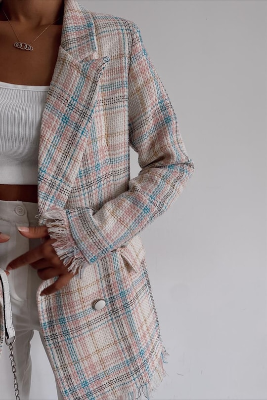 Saçaklı Kareli Blazer Ceket Pudra